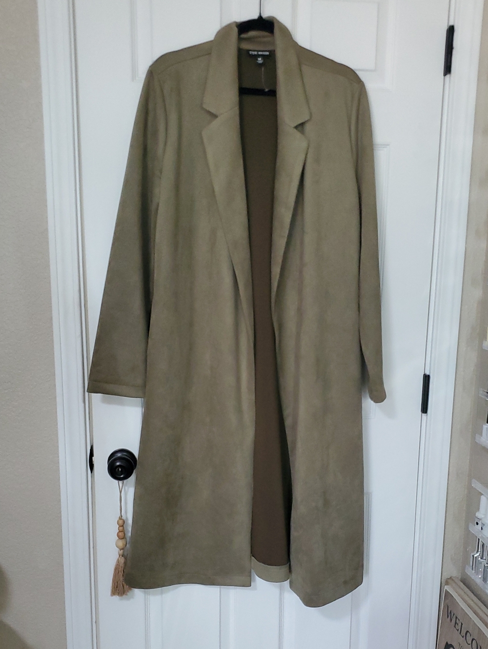 Steve Madden Olive-Tan Suede-Style Long Trench Coat